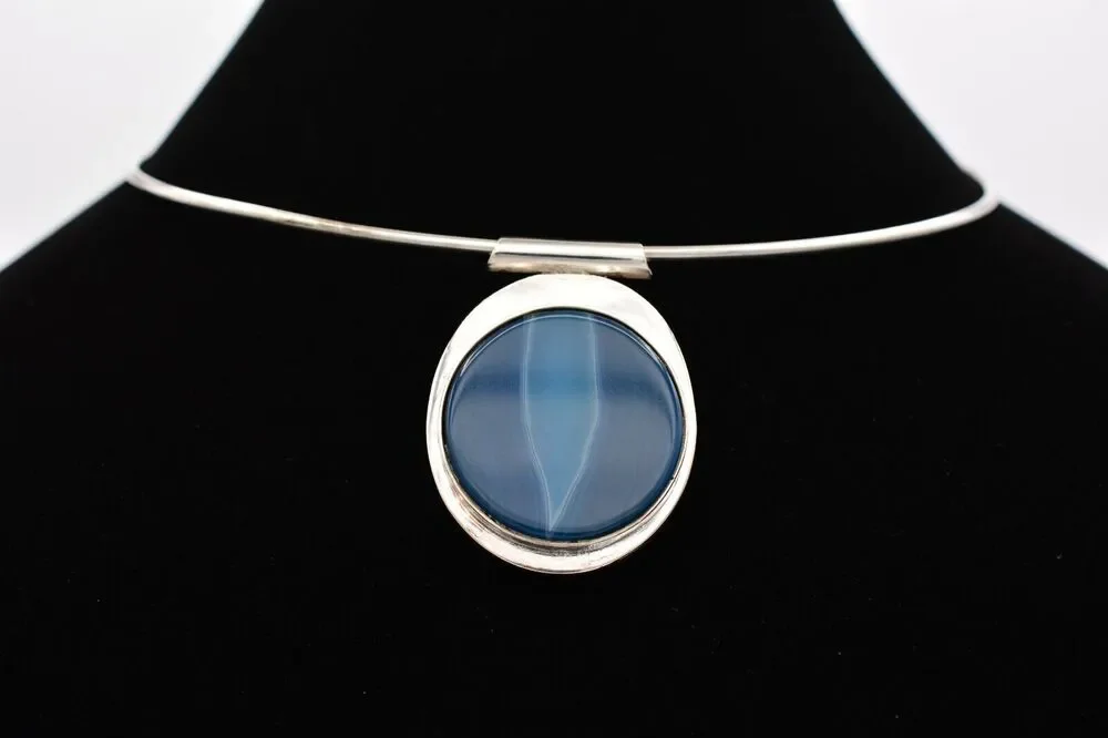 Vintage 925 Gemstone Necklace Blue Marbled Bezel Cabochon Sterling Silver Boho